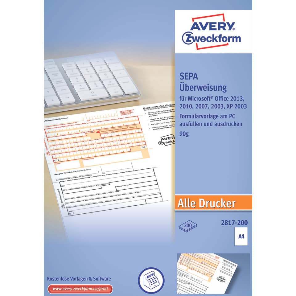 SEPA, Überweisung, Druckerformular, Formularvorlage, A4