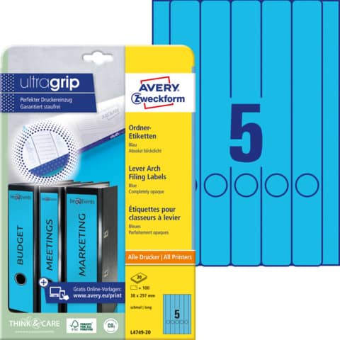 Ordner-Etiketten mit ultragrip, 38x297mm, 100 Stück, blau AVERY ZWECKFORM L4749-20