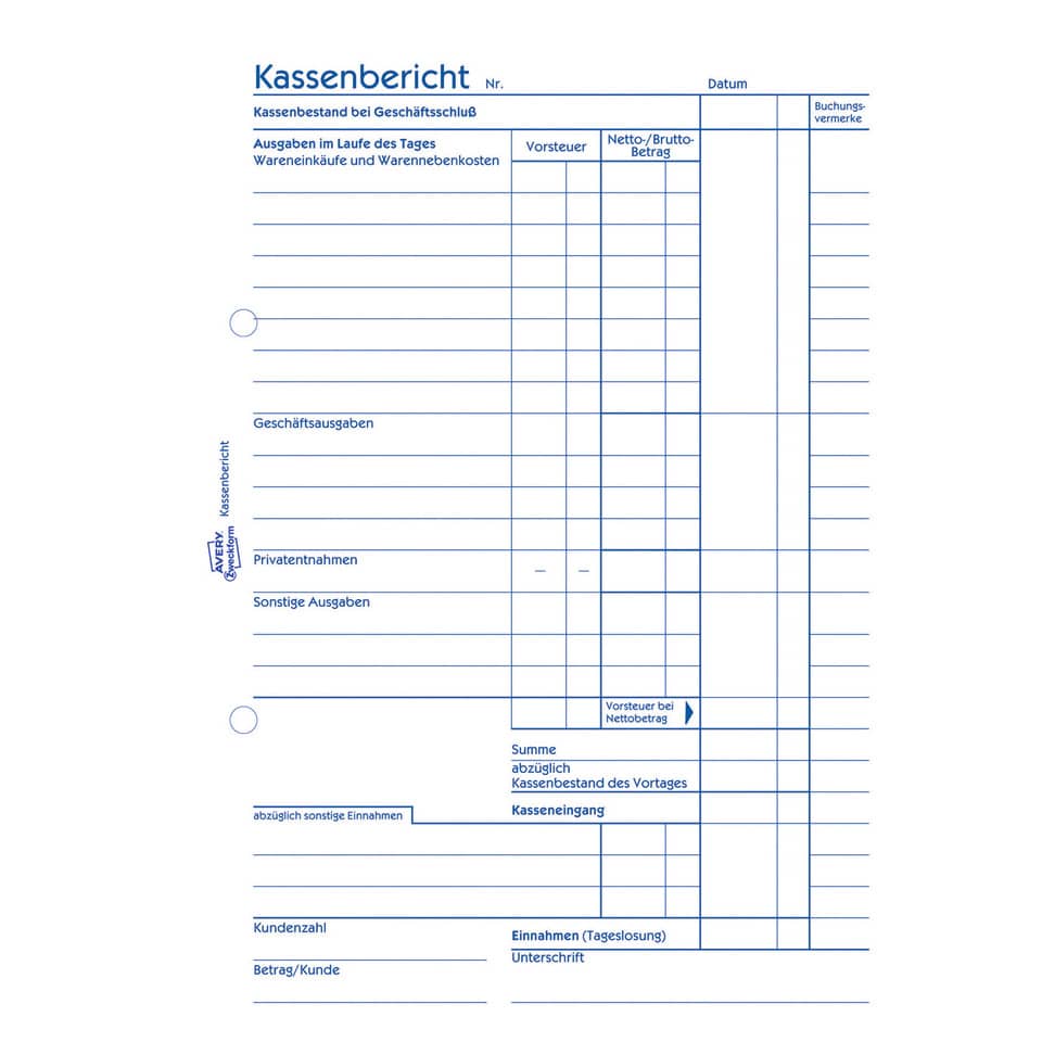Kassenbericht, Kassenformular, Kassenblatt, Rechnungsformular, Kasseneinzug