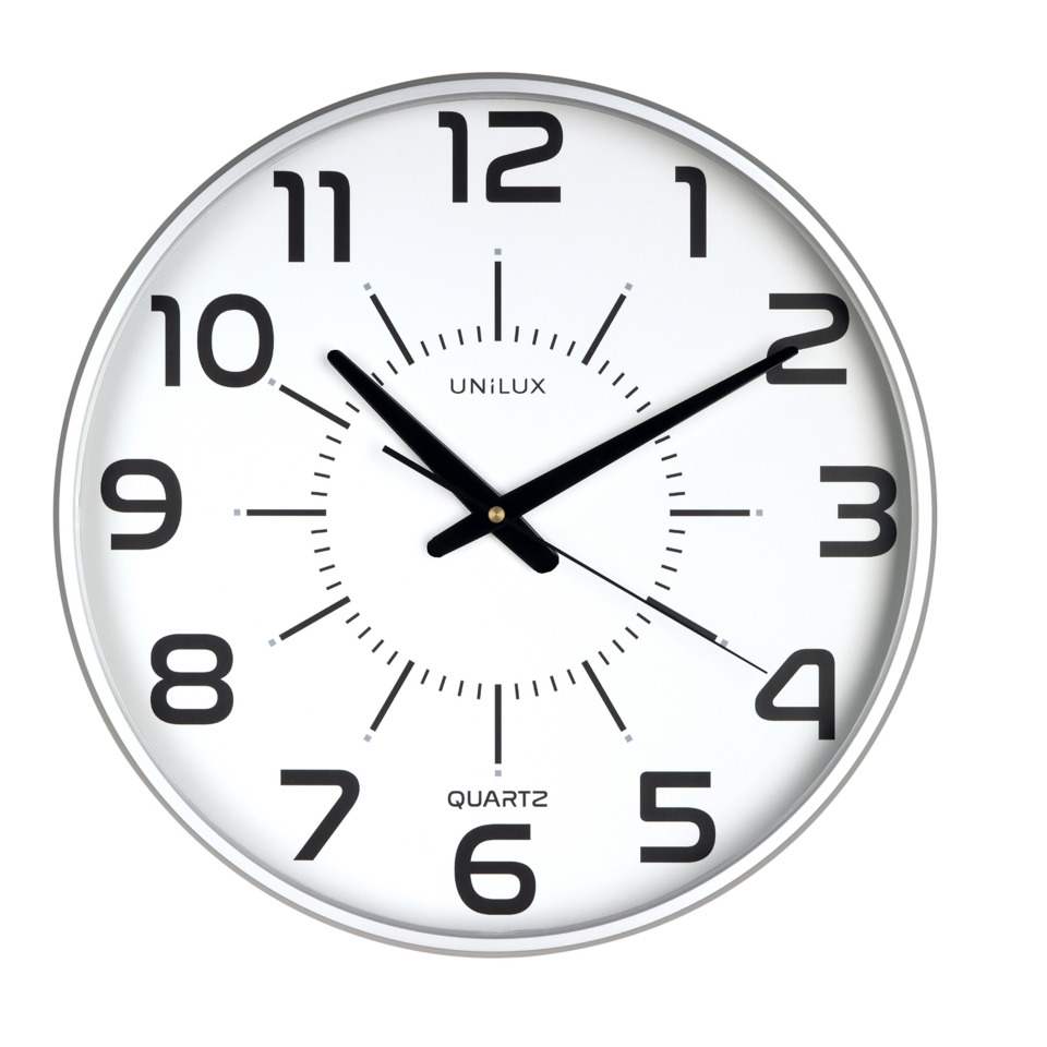 Wanduhr, Quarz, Analoguhr, große Ziffern, Rahmen Silber
