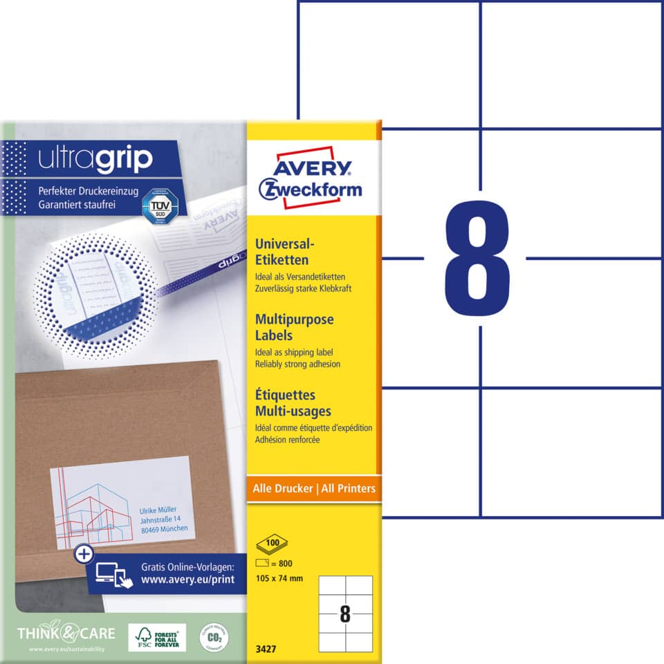 Etiketten, Universal-Etiketten, Drucker-Etiketten, Klebkraft, Kartonverpackung