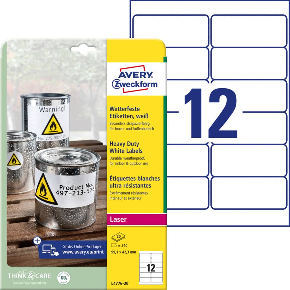 Etiketten, Wetterfeste Labels, Laserdruck, Avery, Label-Blätter