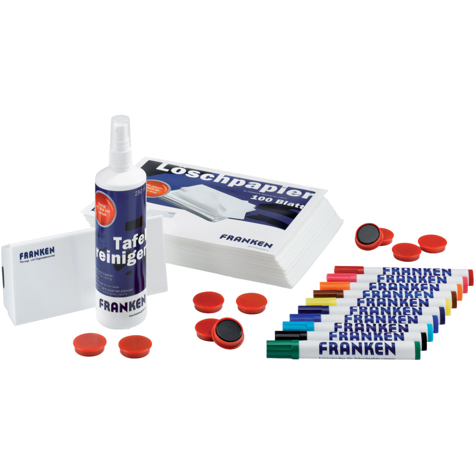 Tafelreiniger, Kratzerreiniger, Sprühflasche, Tafelmarkierer, Mikrofasertuch