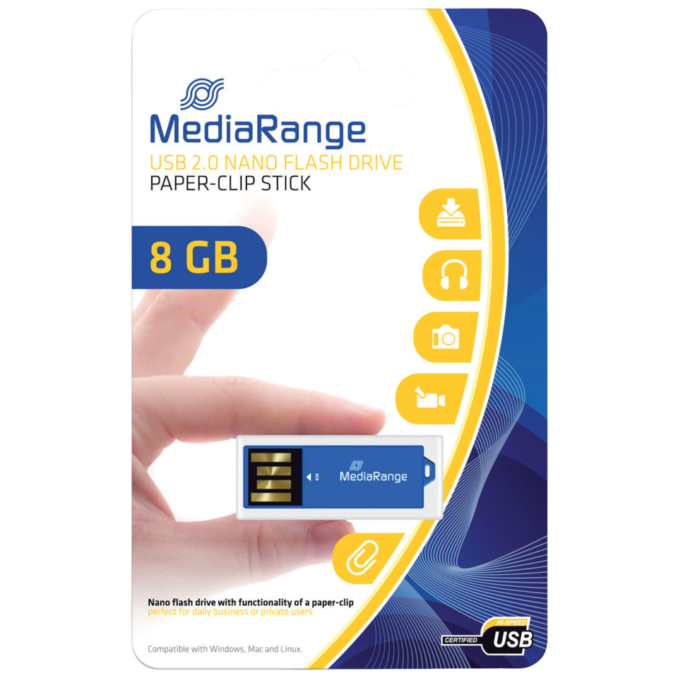 USB-Stick, Nano-Flash, 8 GB, MediaRange, Papper-Clip-Stick