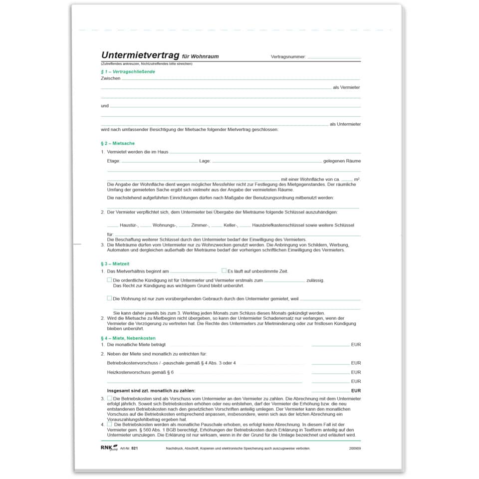 Mietvertrag, Wohnraum, Vertragsformular, Untermietvertrag, Hausmietsvertrag