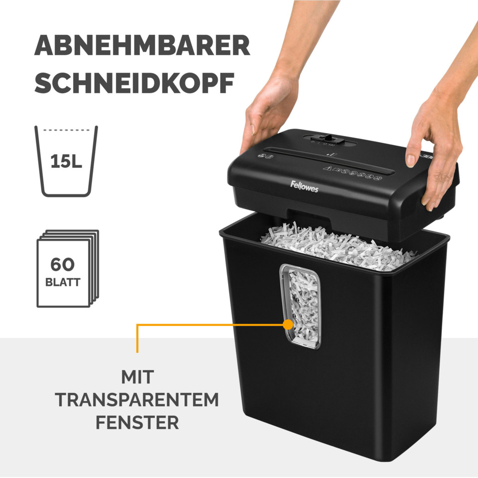 Aktenvernichter, Schneidkopf, Transparenter Fenster, 15L Behälter, 60 Blatt Kapazität