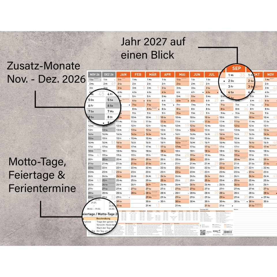 Kalender, Monatskalender, Muster orange, Motto-Tage, Ferientermine
