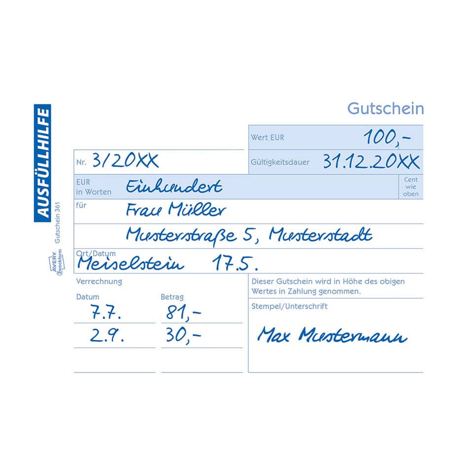 Gutschein, Rechnung, Zahlung, Unterschrift, Musterstadt