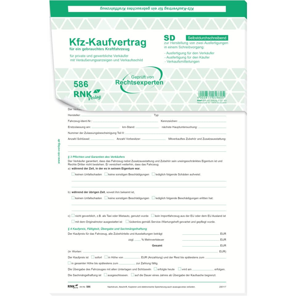 Kfz-Kaufvertrag, Kraftfahrzeugvertrag, Autoverkaufsformular, Vertrag PDF, Rückseite Muster