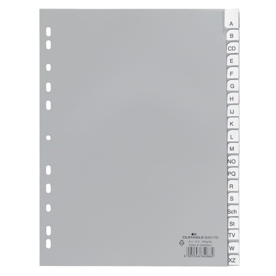 Plastikregister, PP, A - Z, grau, DIN A4, 215/230 x 297 mm, 20 Blatt DURABLE 6401 10 Weißes Brett