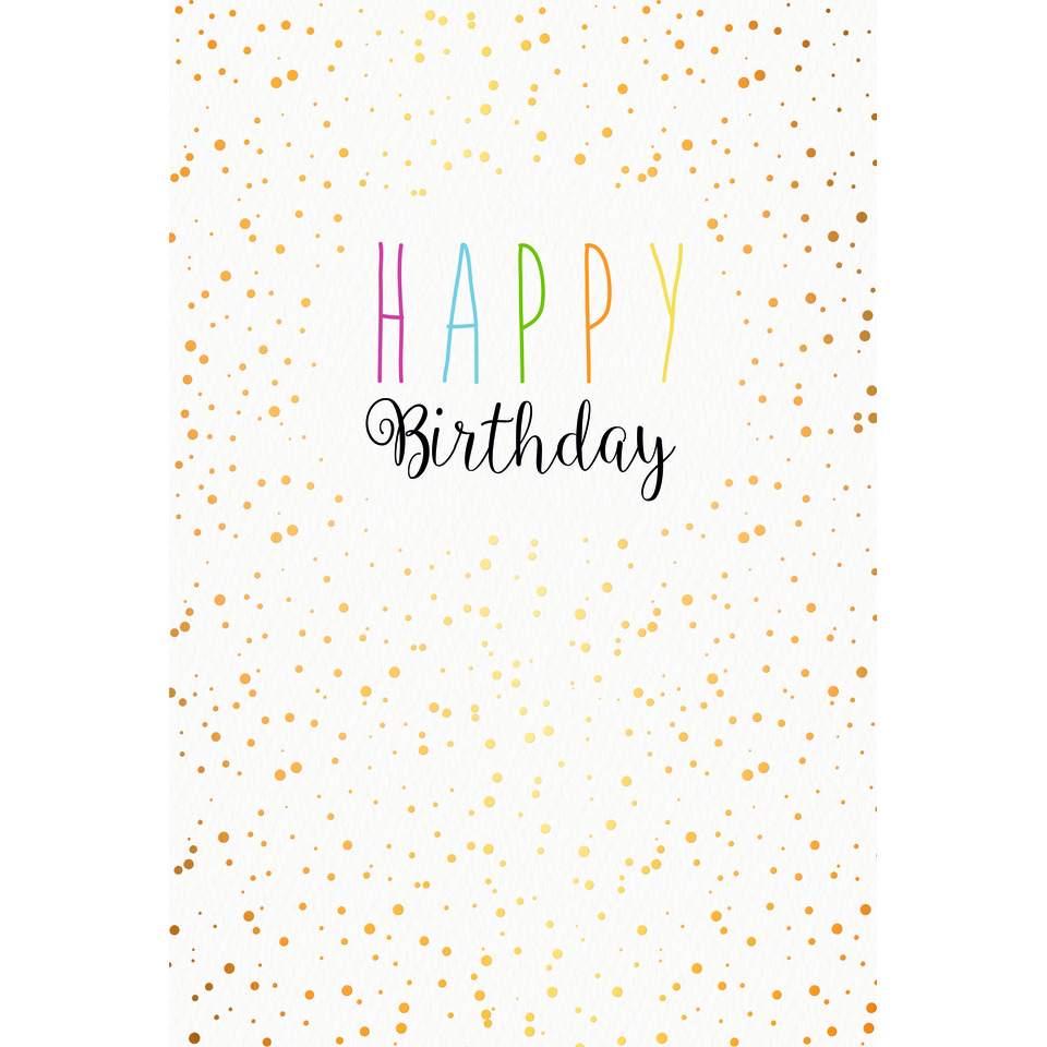 Geburtstagskarte, Konfettipunkte, Grußkarte, Bunte Buchstaben, Happy Birthday Text