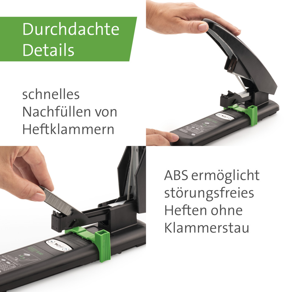 Heftklammergerät, Klammerstapler, Klammern, ABS Kunststoff, Grün