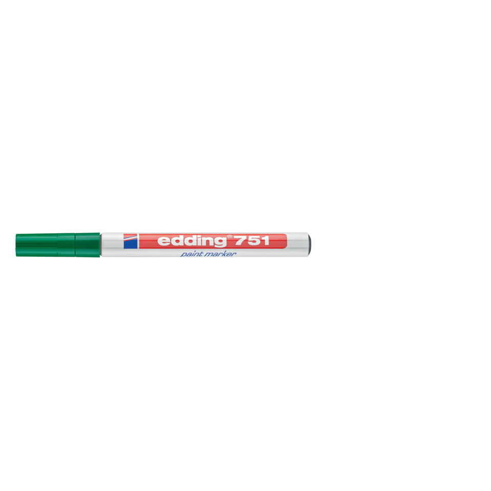 Farbmarker, Grüne Kappe, weißer Körper, roter Etikett, edding 751