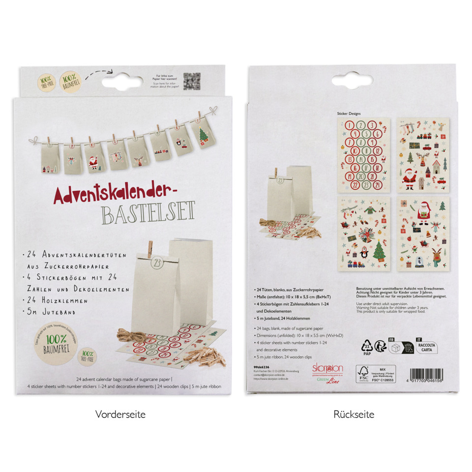 Advent calendar, Craft set, Wooden clips, Jute ribbon, Sticker sheets