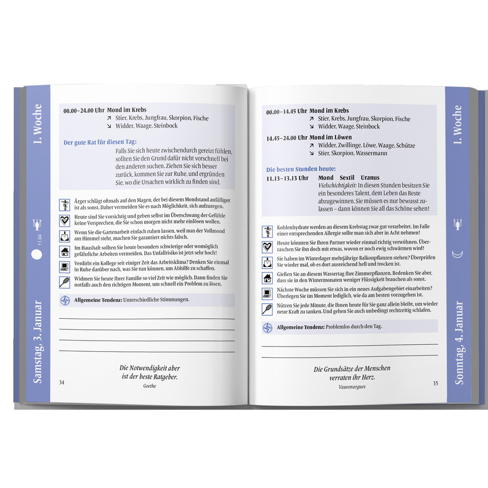 Taschenkalender, Wochentag, Datum, Monat, Textseite