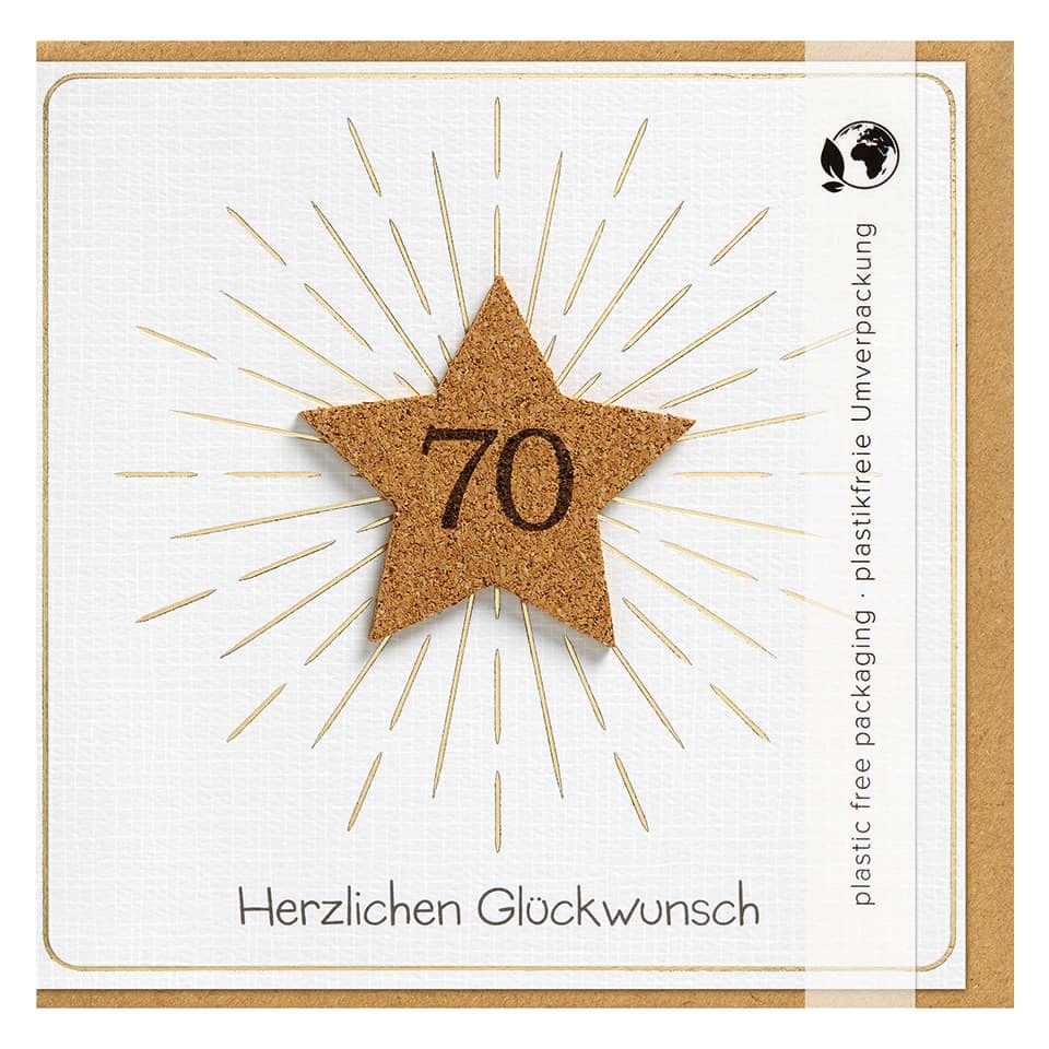 Glückwunschkarte, Sternelement, Korkstern, 70, Herzlichen Glückwunsch