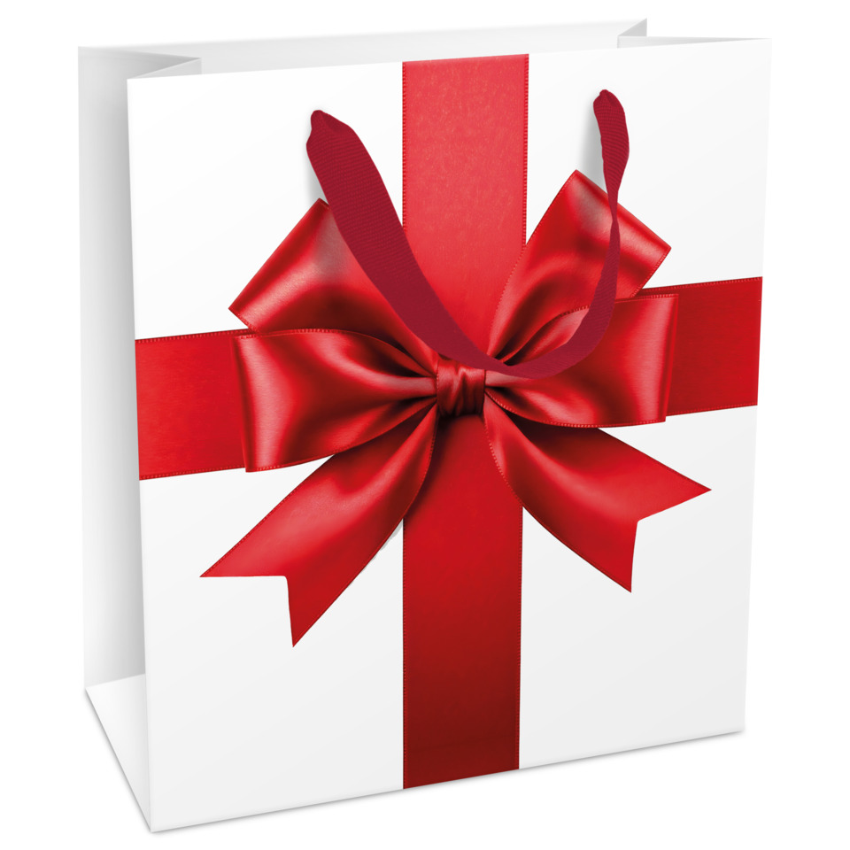 Geschenktüte, Rotes Band, Schleife, Weiße Tüte, Geschenkverpackung