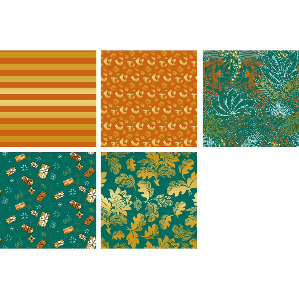 Senfgelb, Orangetöne, Grün, Muster, Blumenmuster, Leopardenmuster, Streifen, Geschenkverpackung, Paisley, Tropisch