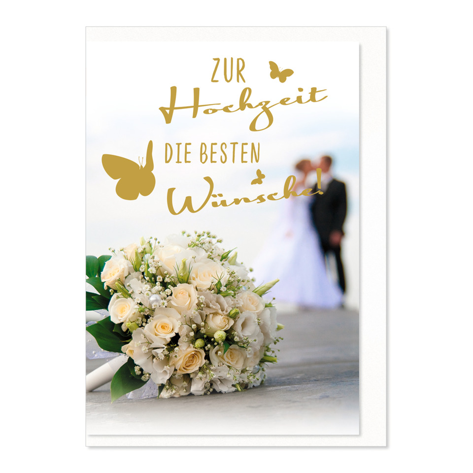 hochzeitskarte, brautstrauss, blumenbouquet, goldene beschriftung, kanky butterfly design