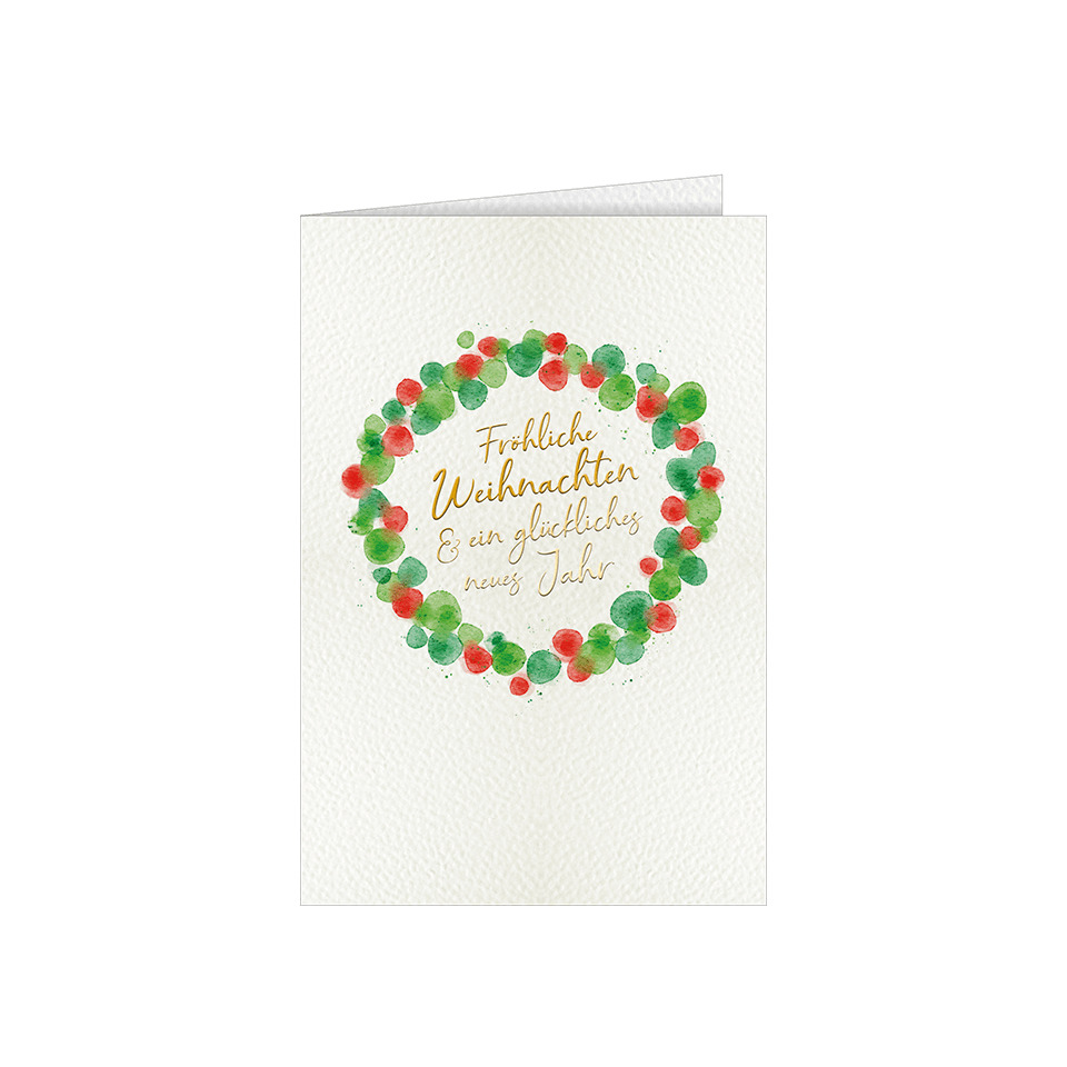 Weihnachtskarte, Kartenmotiv, Grüner roter Kranz, Goldschrift, Feiertagsgruß