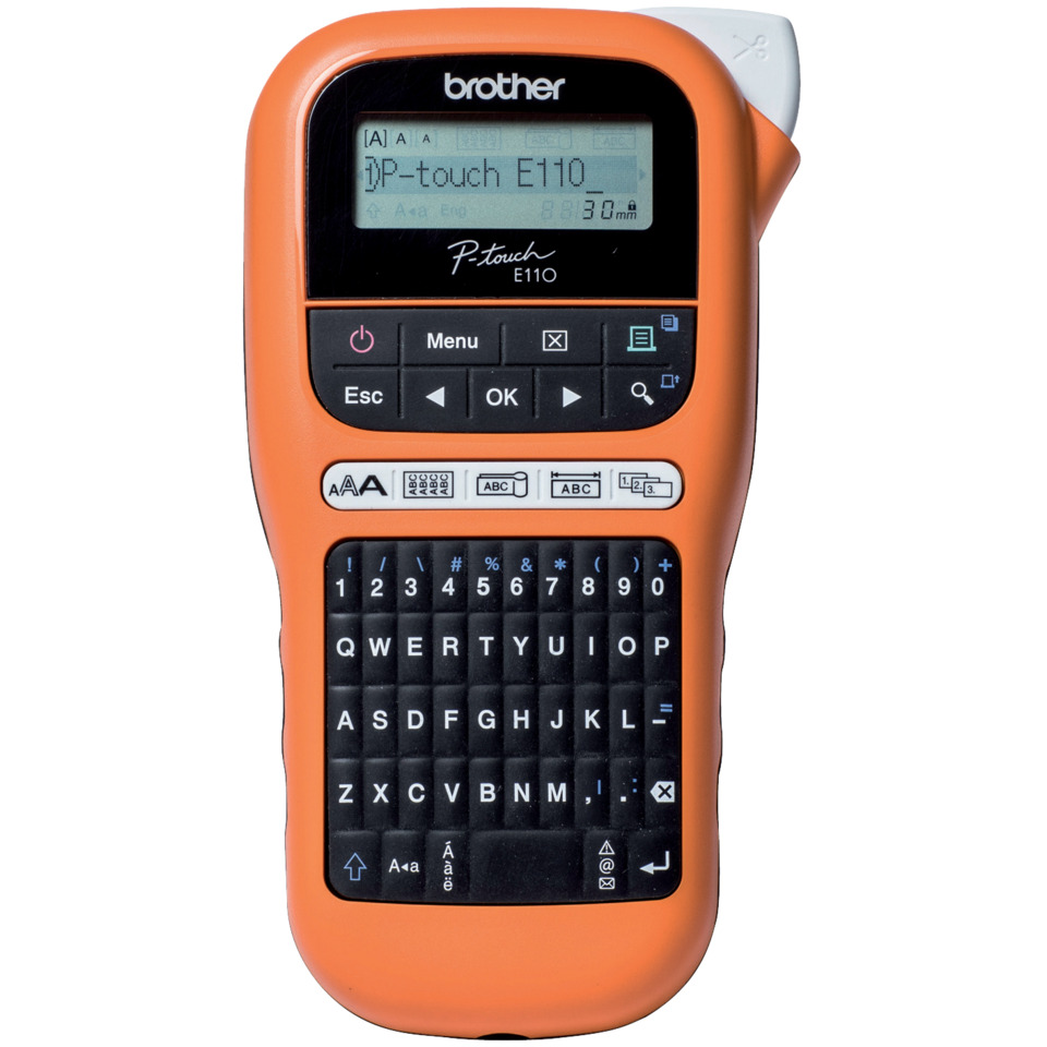 pocket printer, handheld labeler, orange plastic, keyboard layout, LCD display