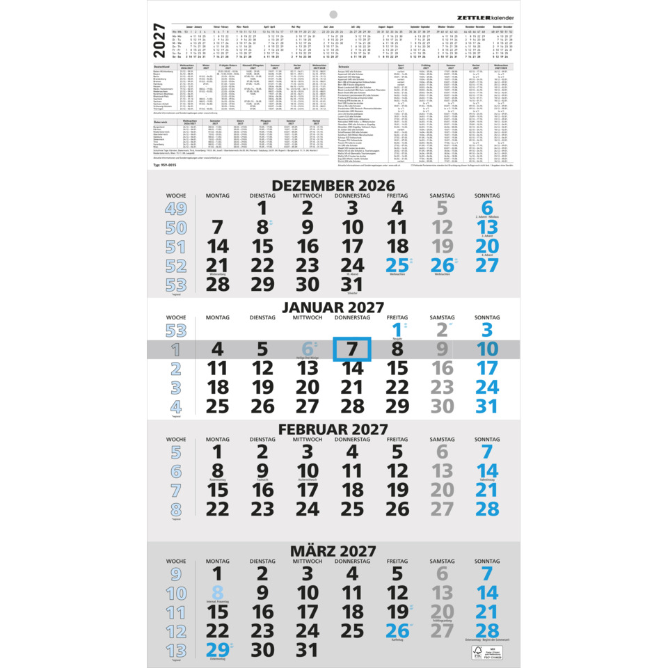 Kalender, Wandkalender, Monatliche Anzeige, Jahr 2027, Dezember bis März
