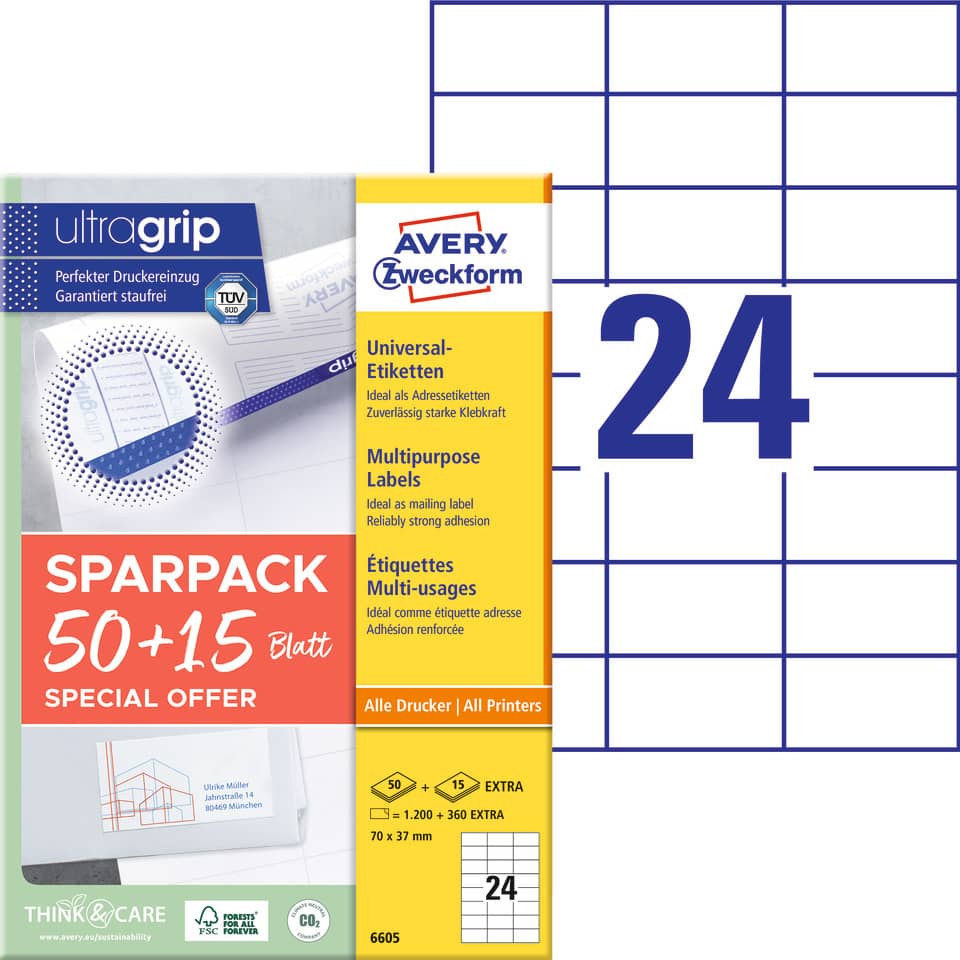 Druckeretiketten, Universaletiketten, Mehrzwecketiketten, Sparepack, Avery