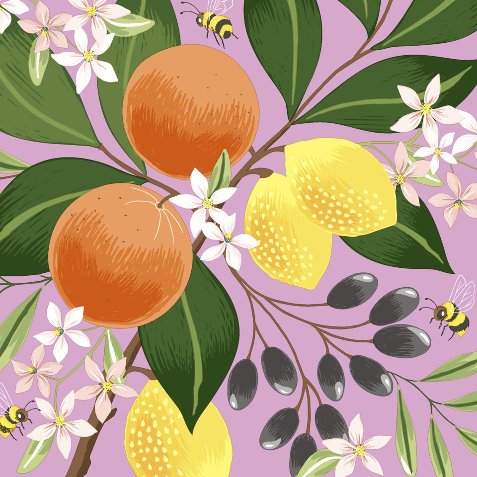 orange, blätter, zitronen, blüten, beeren