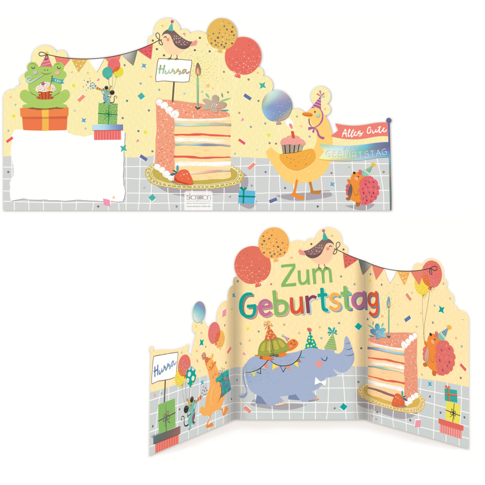 Geburtstag, Kuchen, Luftballons, Tiere, Geburtstagskarte