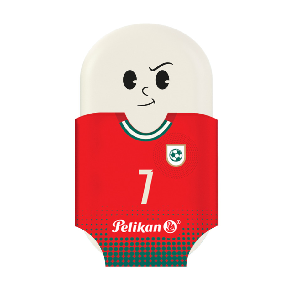 Körperform, Rucksackfigur, Rotes Trikot, Fußball-Logo, Pelikan Markenentwurf