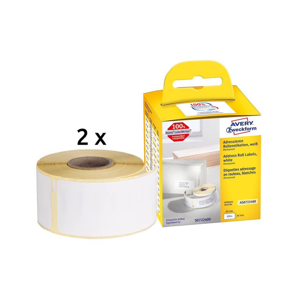 Etikettenrolle, Klebeband, Weiß, 2 Rollen, Etikettenrolle Weiß