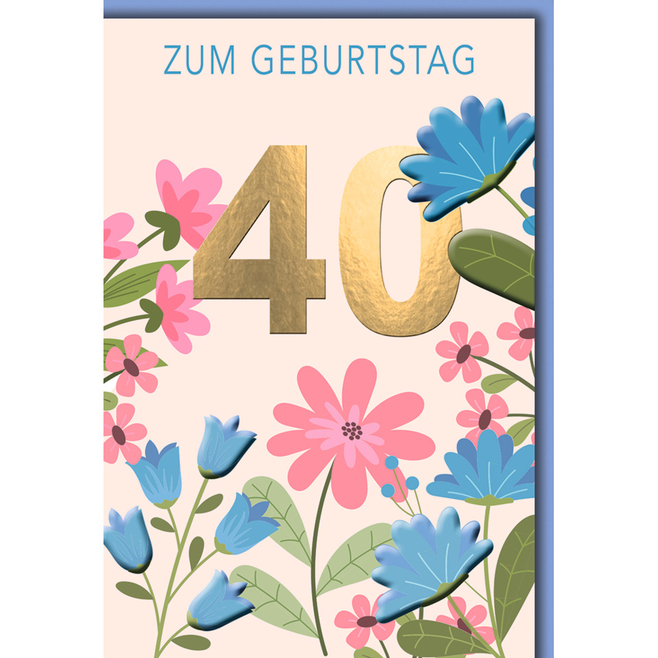blumen, karte, 40, geburtstag, goldene zahl