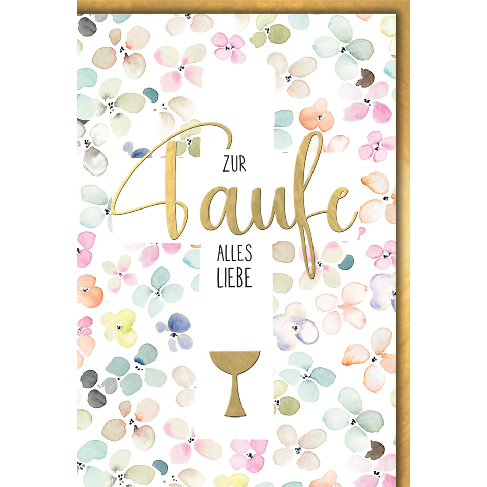 Grußkarte, Blumenmuster, goldene Schrift, Kreuzform, Weinglas