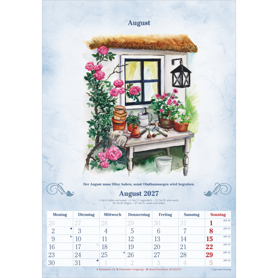 Garten, Kalender, Blumentopf, rosa Rosen, Fensterbox