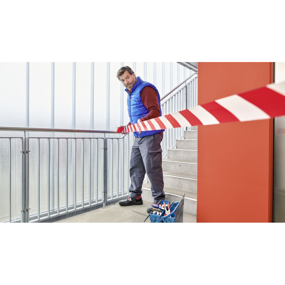 jacke, blauer gilet, arbeitsschutz, sicherheitsbarriere, treppe