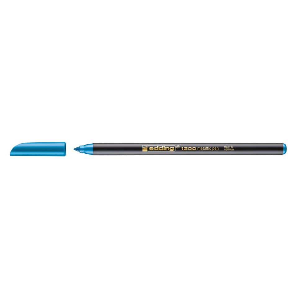 blauer Stift, metallischer Stift, Fineliner, Kappe ab, nachfüllbarer Stift