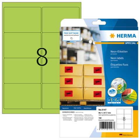 Neonetiketten permanent, 99,1x67,7mm, 160 Stück, leuchtgrün HERMA 5147