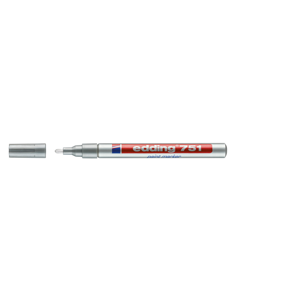 Stiftmarker, Markerstift, Edding 751, silberner Körper, rote Beschriftung