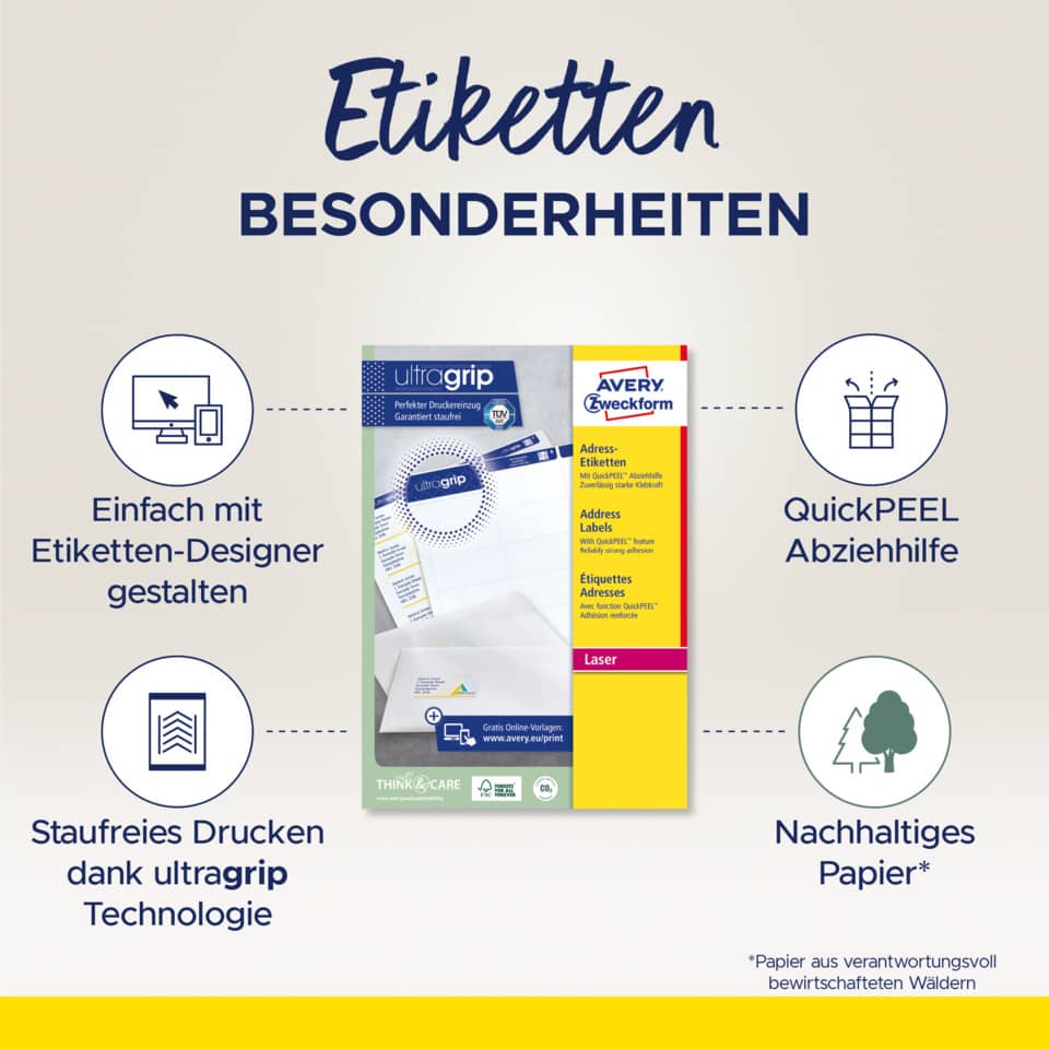 Etiketten, Etikettendesigner, QuickPEEL, Ultragrip, Papier