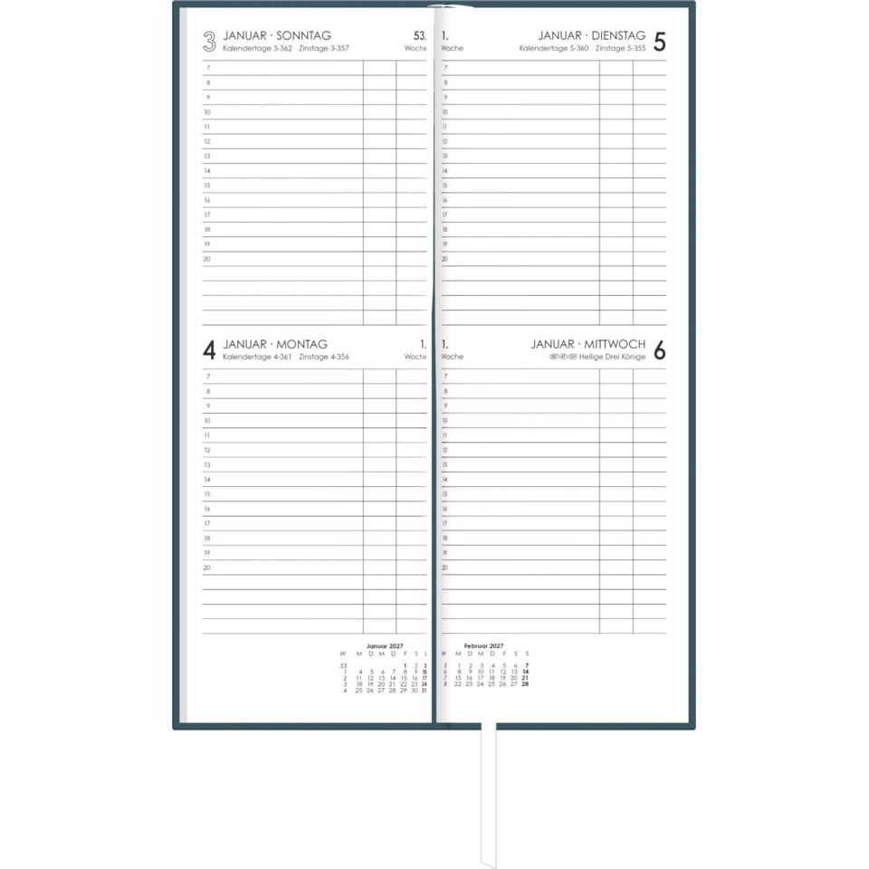 Wandkalender, Wöchentlicher Kalender, Doppelseite, Januar, Datumsplaner