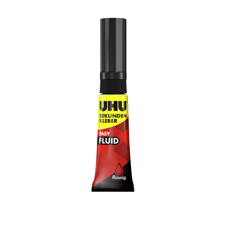 Kleber, UHU, Flüssigkleber, Sekundenkleber, Transparent/gelb-schwarz-rot