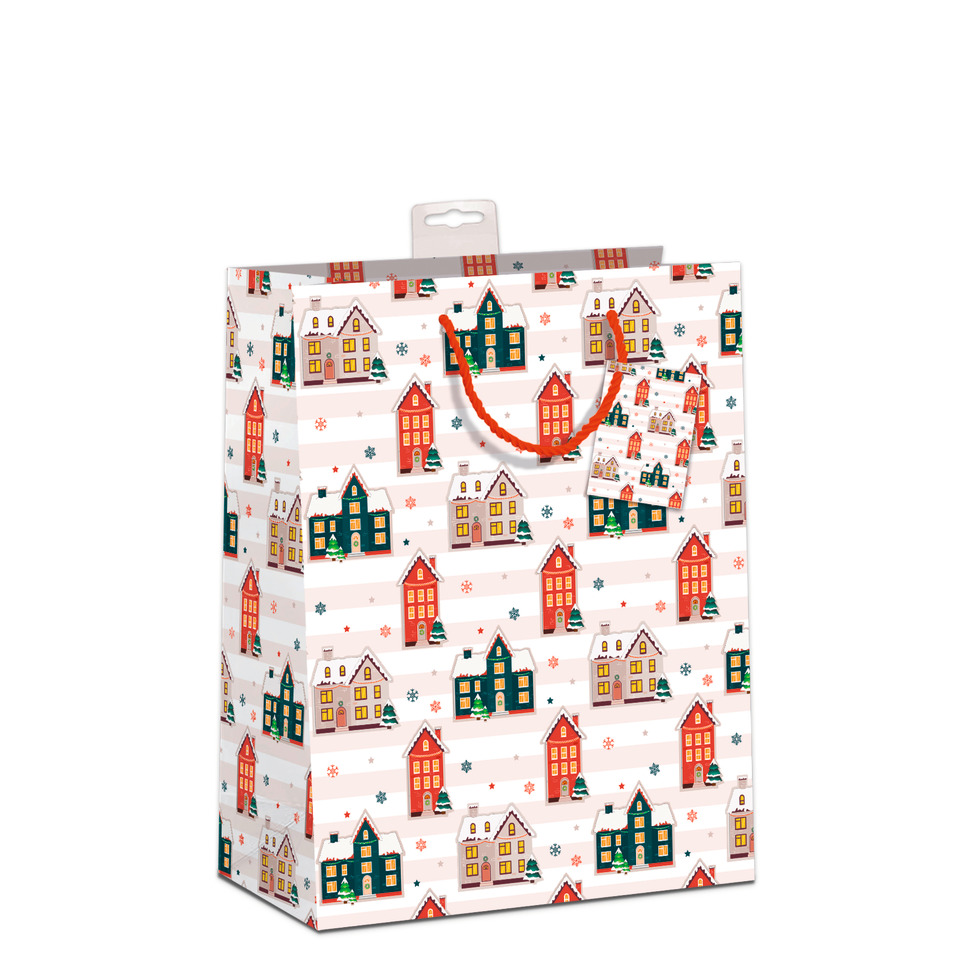 Geschenkbeutel, Geschenkverpackung, Weihnachtsmotivik, Häuser Muster, Rote Griffel