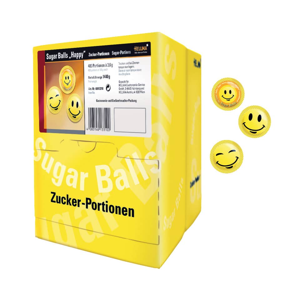 Sugar Balls, Zuckerperlen, Gelbe Verpackung, Smiley-Design, Zuckerportionen