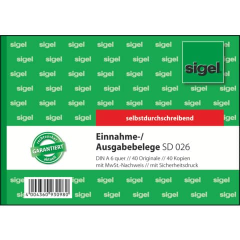Ausgabe/Einnahmebeleg, A6, 2x40 Blatt SIGEL SD026