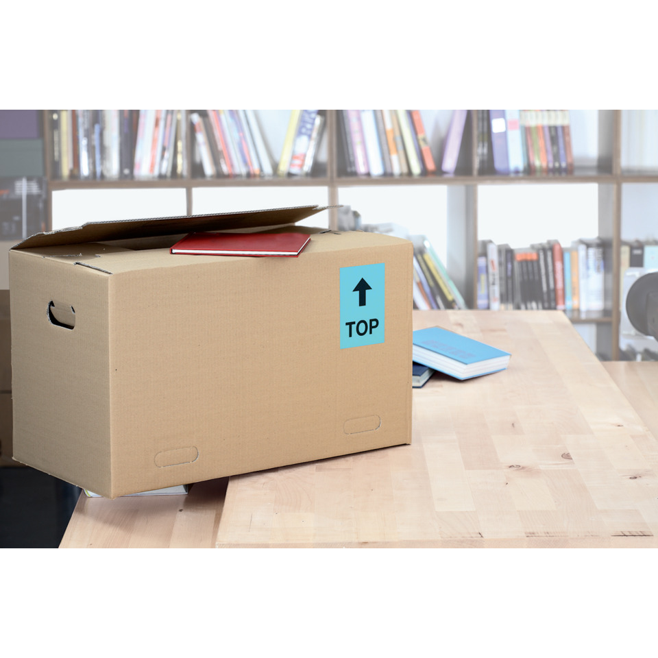 Karton-Box, Umzugskarton, Top-Aufkleber, Bücherregal, Arbeitsdesk, Umzugskarton, Kartonbox, Transportkarton, oben markiert, Top-Aufkleber