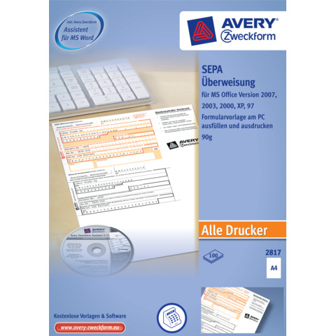 PC Formular SEPA-Überweisung, 100 Stück AVERY ZWECKFORM 2817