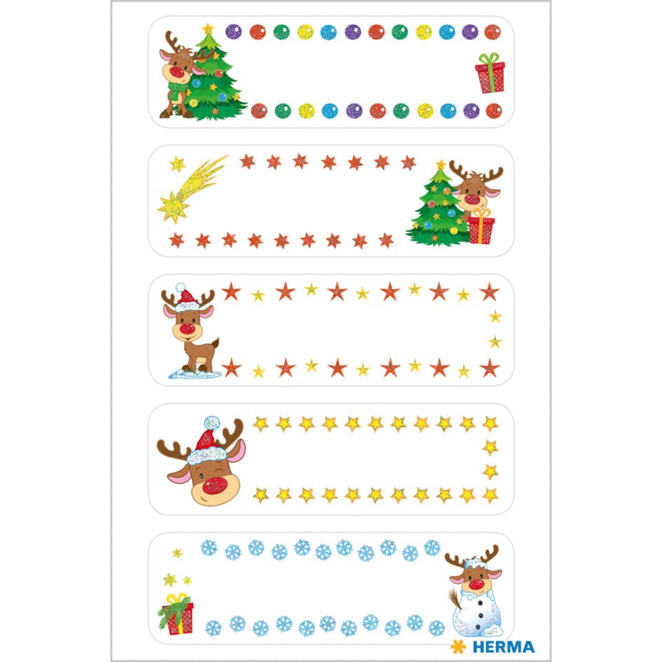 Weihnachtsaufkleber, Rentier, Weihnachtsbaum, Sterne, Geschenk
