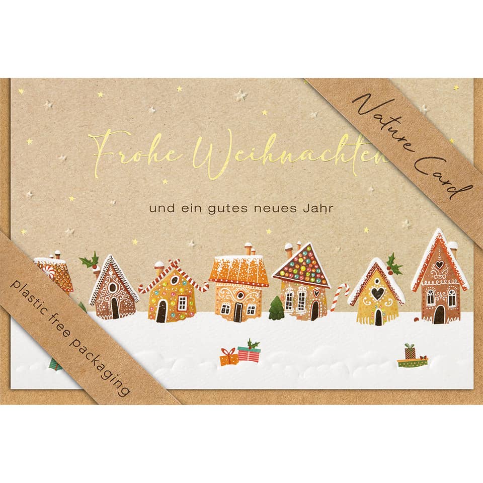 Weihnachtskarte, Naturkarton, Weihnachtsdorf, Grobe Textur, Ressourcenschonend Verpackt