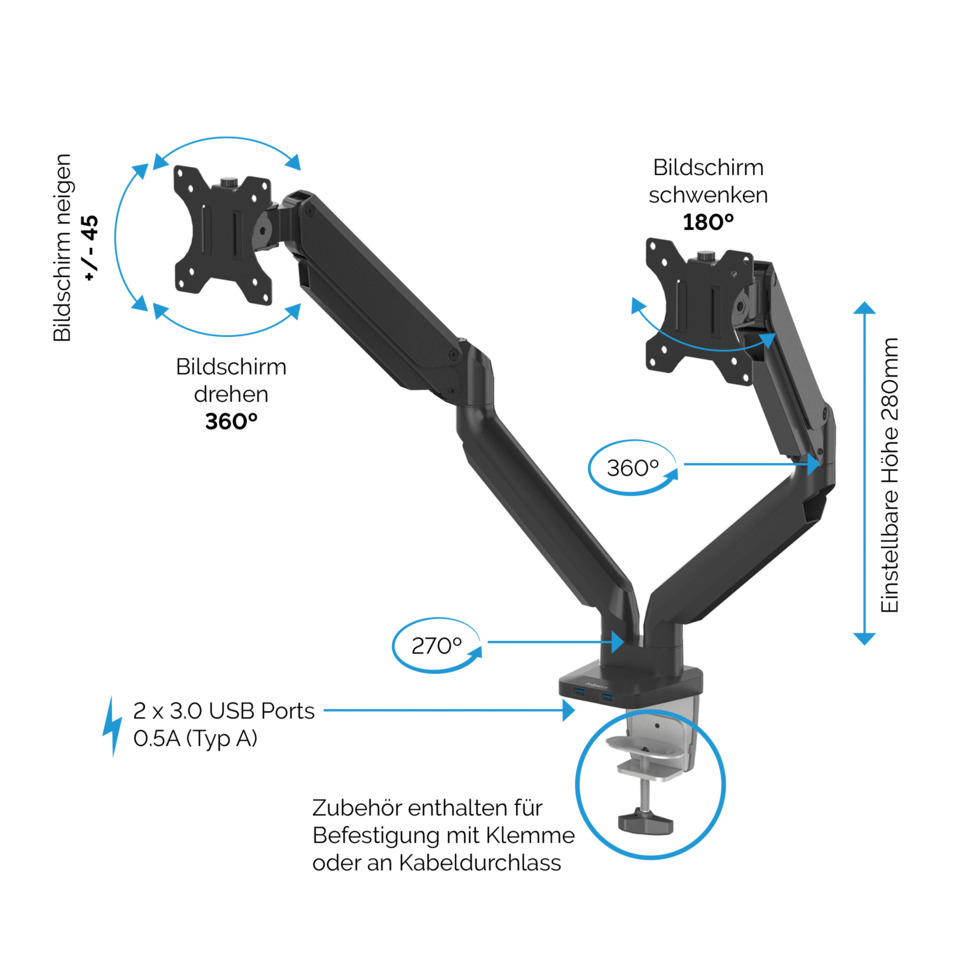 monitorarm, Arm, verstellbar, Doppel-USB, Klippsystem, Monitorhalterung, Schwenkarm, Arme, USB-Ports, Klemme