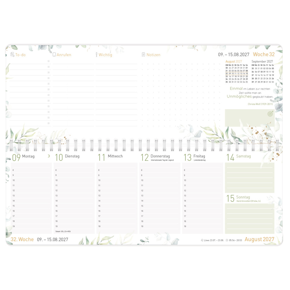 kalender, wochenkalender, notizen, blumenmuster, spiralbindung
